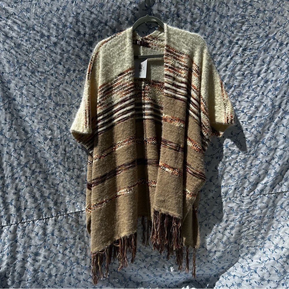 NWT Cream and Brown Striped Knit Poncho